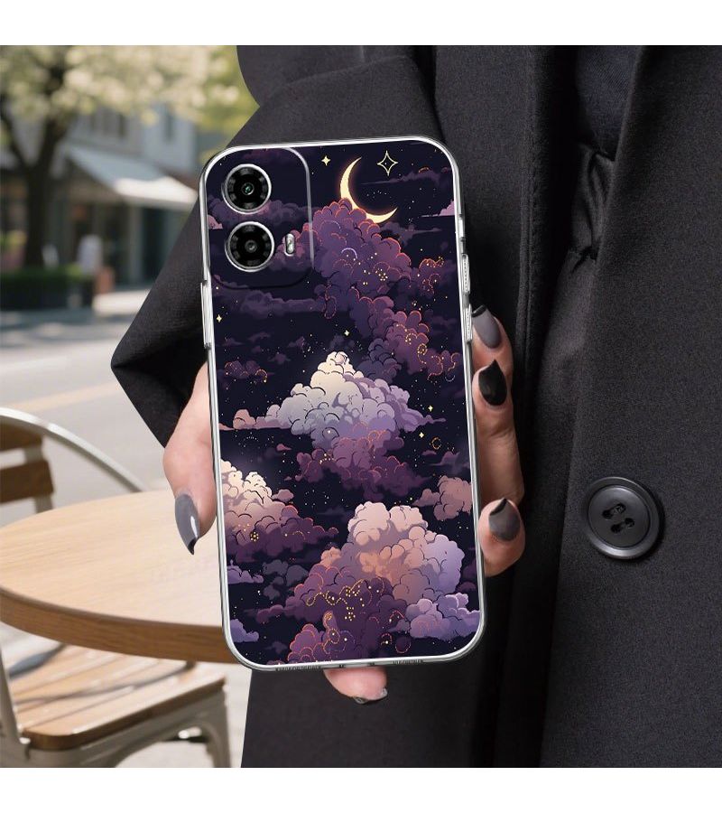 Phone Case Mixed Color 1 For Moto G60S Starry Night Sky Design With Moon Clouds And Stars Soft TPU Transparent Full Coverage Protective Case - Image 4