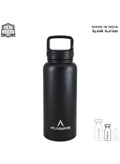 Atlasware Water bottle with a capacity of 1000 ml, a stainless steel water bottle with a wide black lid, European design, that keeps cold for 45 hours and keeps heat for 14 hours, Black  - Image 1