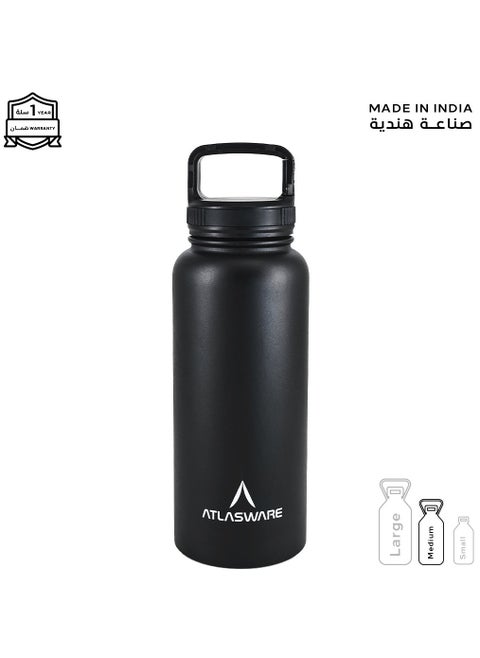 Water bottle with a capacity of 1000 ml, a stainless steel water bottle with a wide black lid, European design, that keeps cold for 45 hours and keeps heat for 14 hours, Black