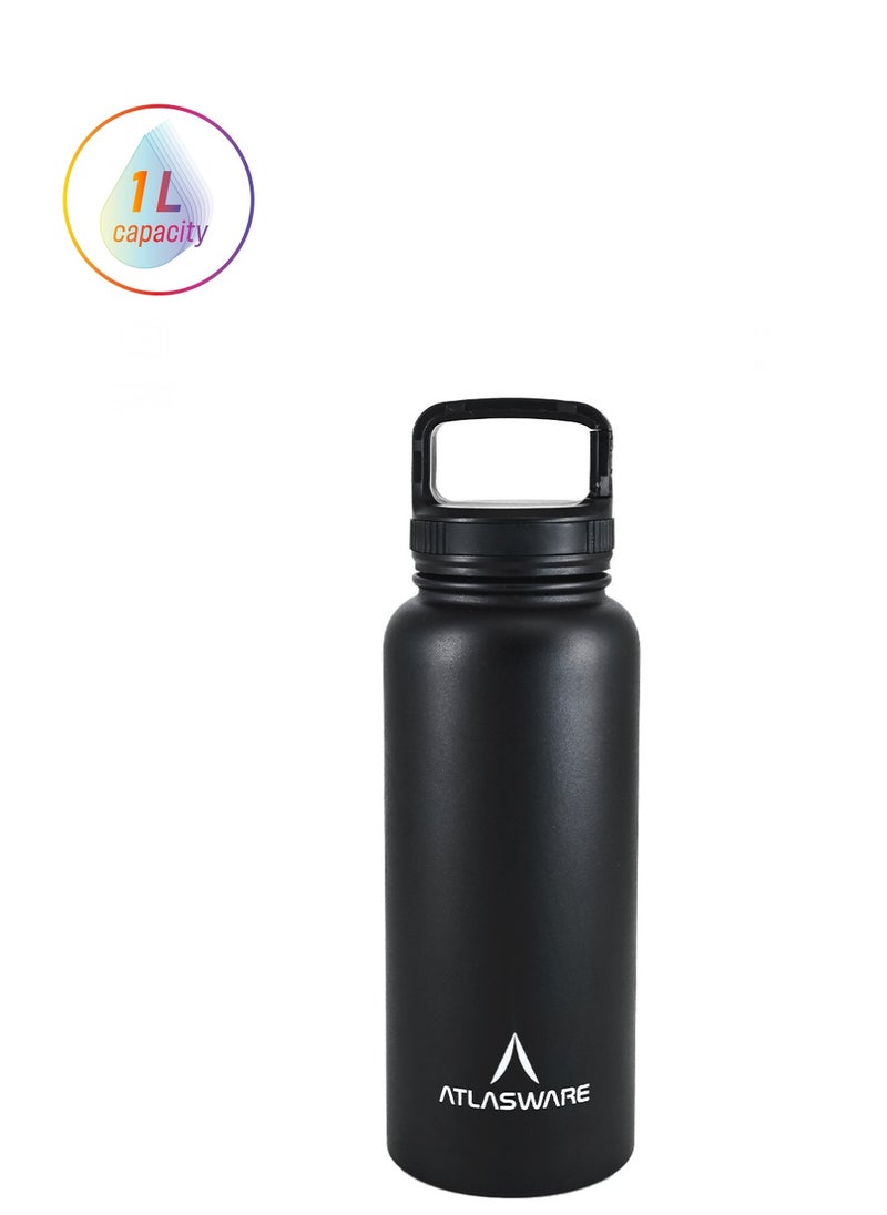 Atlasware - Water bottle with a capacity of 1000 ml, a stainless steel water bottle with a wide black lid, European design, that keeps cold for 45 hours and keeps heat for 14 hours, Black - Image 1
