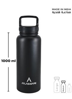 Atlasware Water bottle with a capacity of 1000 ml, a stainless steel water bottle with a wide black lid, European design, that keeps cold for 45 hours and keeps heat for 14 hours, Black  - Image 3