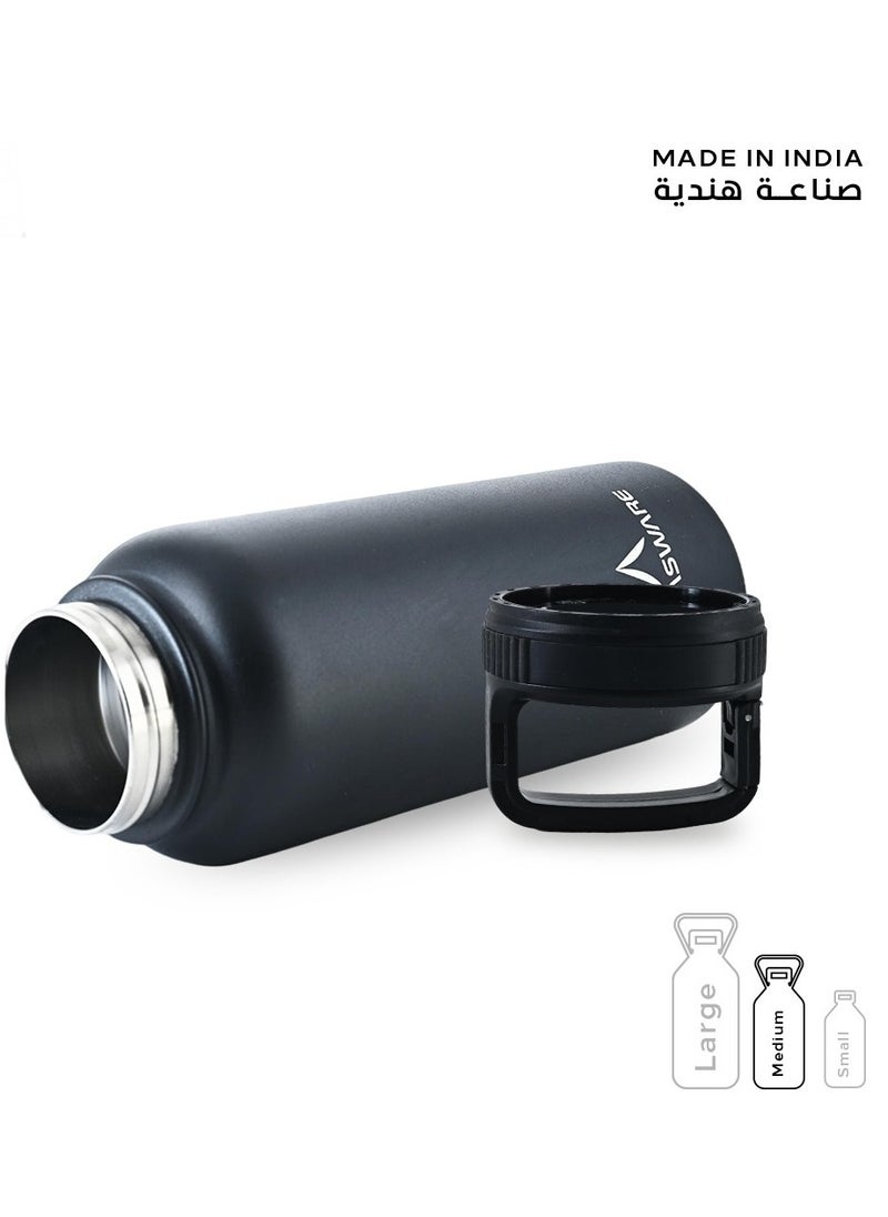 Atlasware - Water bottle with a capacity of 1000 ml, a stainless steel water bottle with a wide black lid, European design, that keeps cold for 45 hours and keeps heat for 14 hours, Black - Image 1