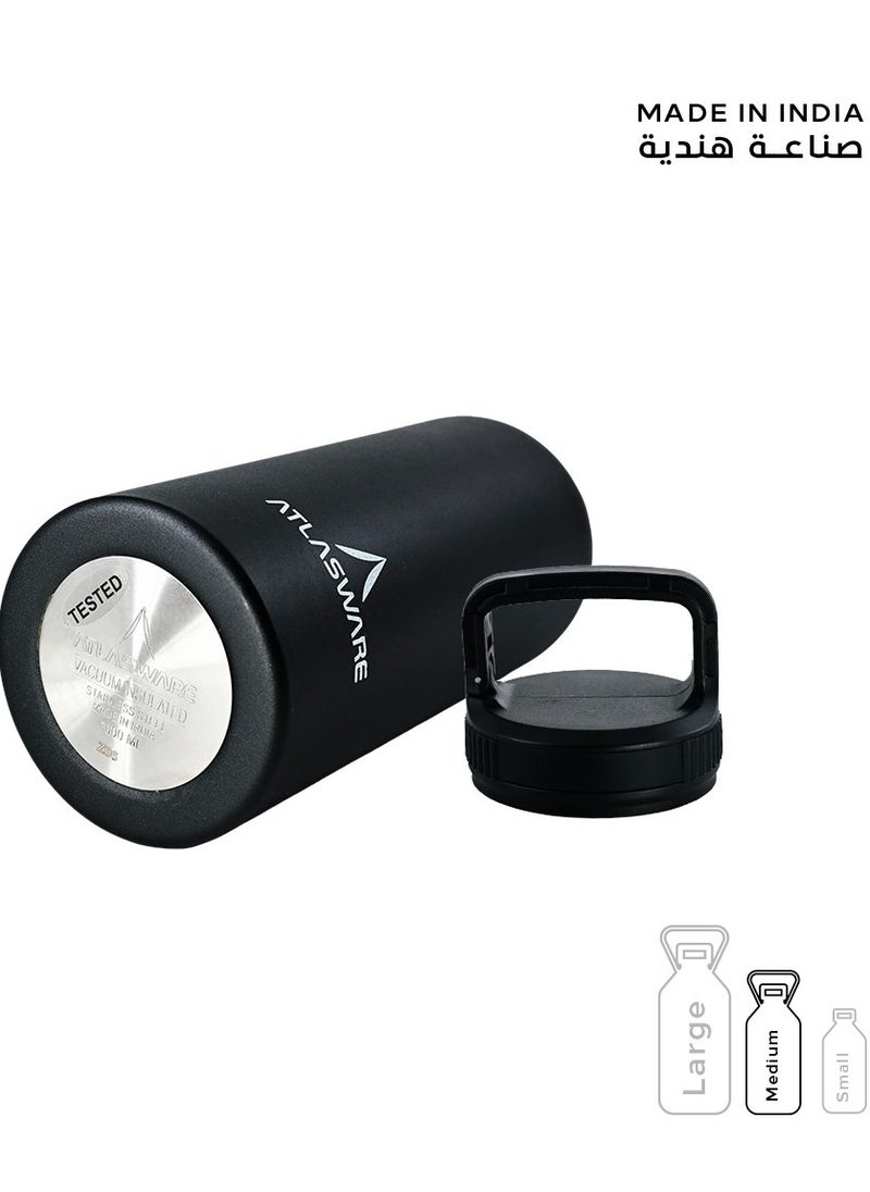 Atlasware - Water bottle with a capacity of 1000 ml, a stainless steel water bottle with a wide black lid, European design, that keeps cold for 45 hours and keeps heat for 14 hours, Black - Image 1