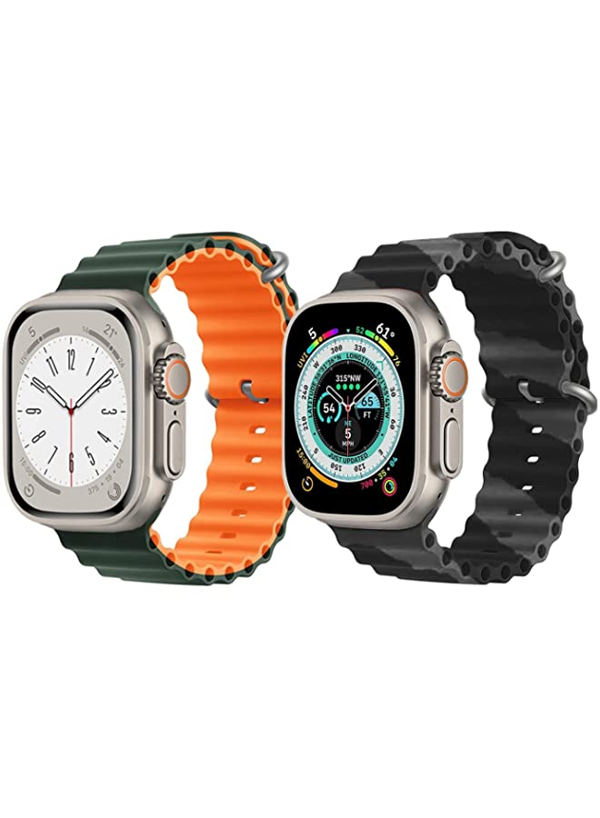 IAF Silicone Ocean Band Strap for Apple Watch Ultra 8 49mm Green/Orange Double Side Strap with Black/Gray Double Line Strap Set of 2