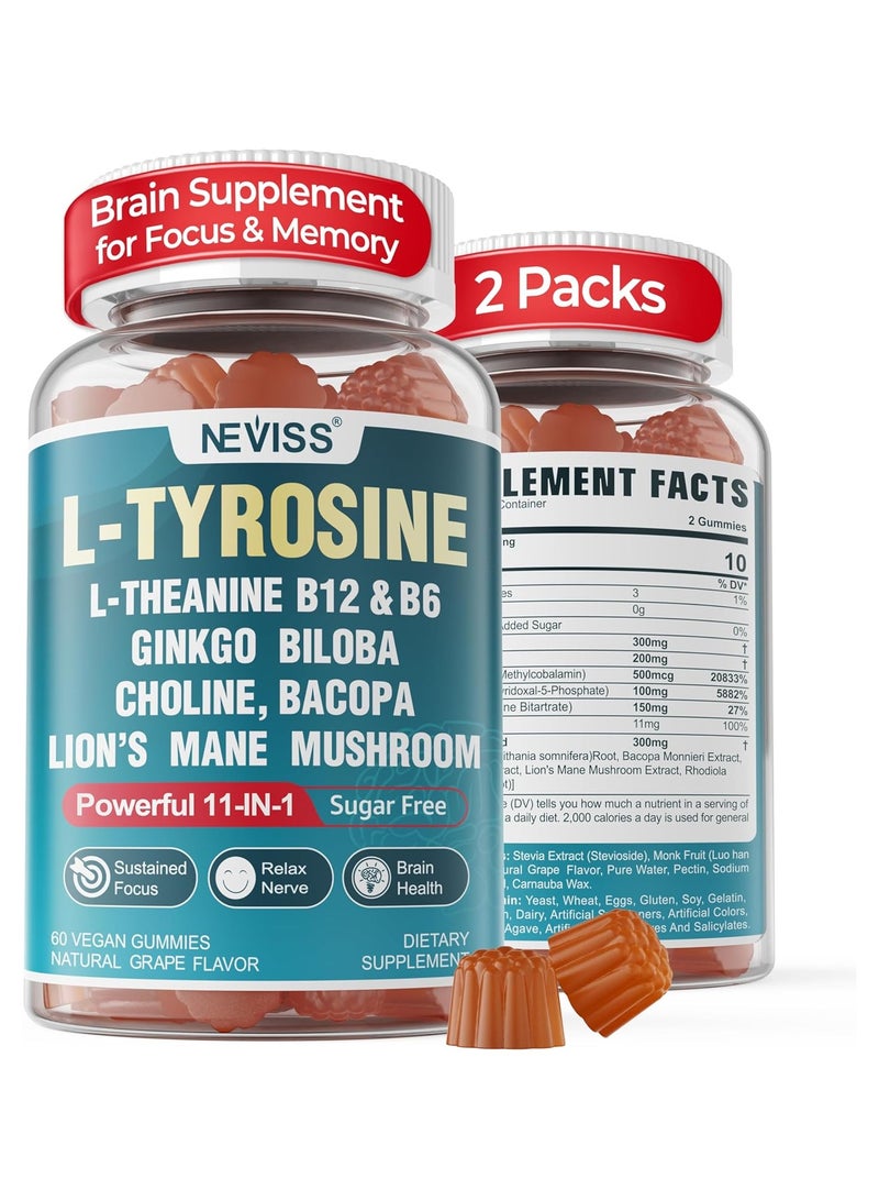 NEVISS Sugar Free L-Tyrosine Focus Gummies L-Theanine Vitamin B12 & B6, Brain Herbs w/Lion's Mane Mushroom, Ginkgo Biloba, Bacopa Monnieri, Choline - Brain Supplements for Memoery, Nootropic, Energy, 2Packs - Image 1