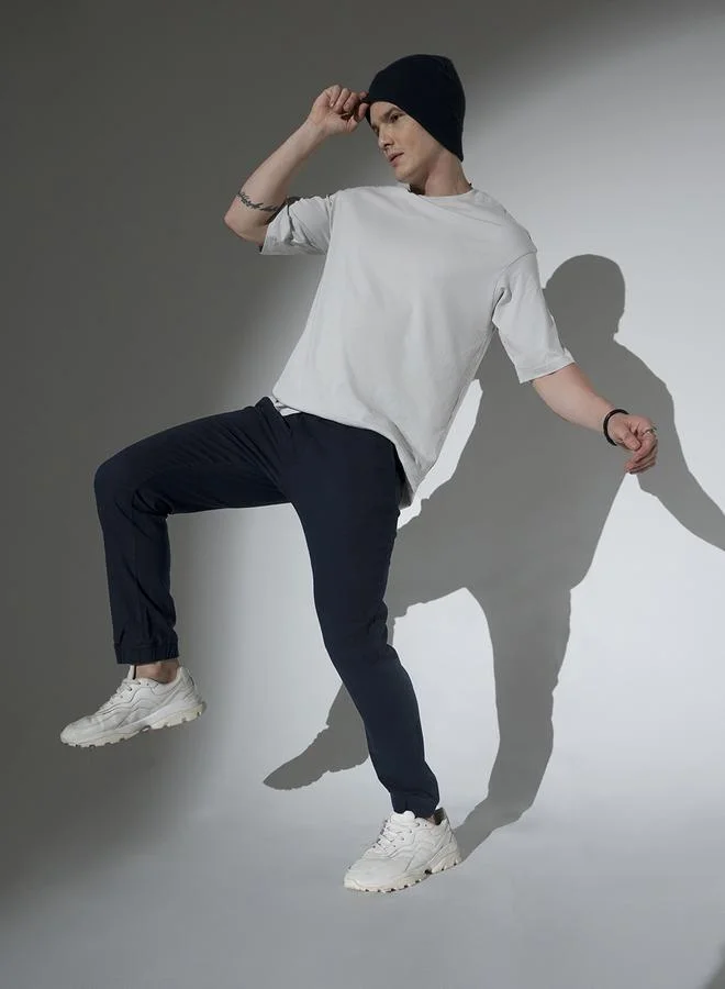 Hubberholme Men's Deep Blue Cotton Solid Pattern Full Length Chinos Slim Fit Jogger