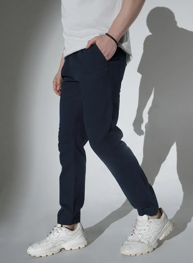 Hubberholme Navy Men's Navy Cotton Solid Pattern Full Length Chinos Slim Fit Jogger for Men | Best Price UAE