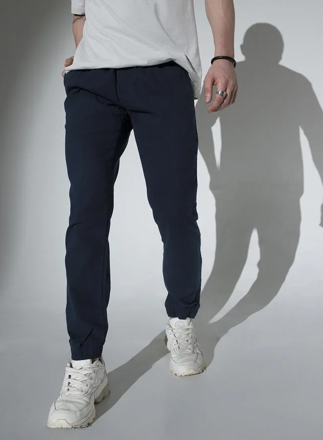 Hubberholme Men's Deep Blue Cotton Solid Pattern Full Length Chinos Slim Fit Jogger
