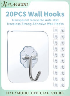 HALAMODO 20-Piece Heavy Duty Self Adhesive Wall Hooks Transparent No Drill Hooks for Hanging Waterproof Oilproof Reusable Sticky Hooks for Bathroom Kitchen Office and Home Organization  - Image 1