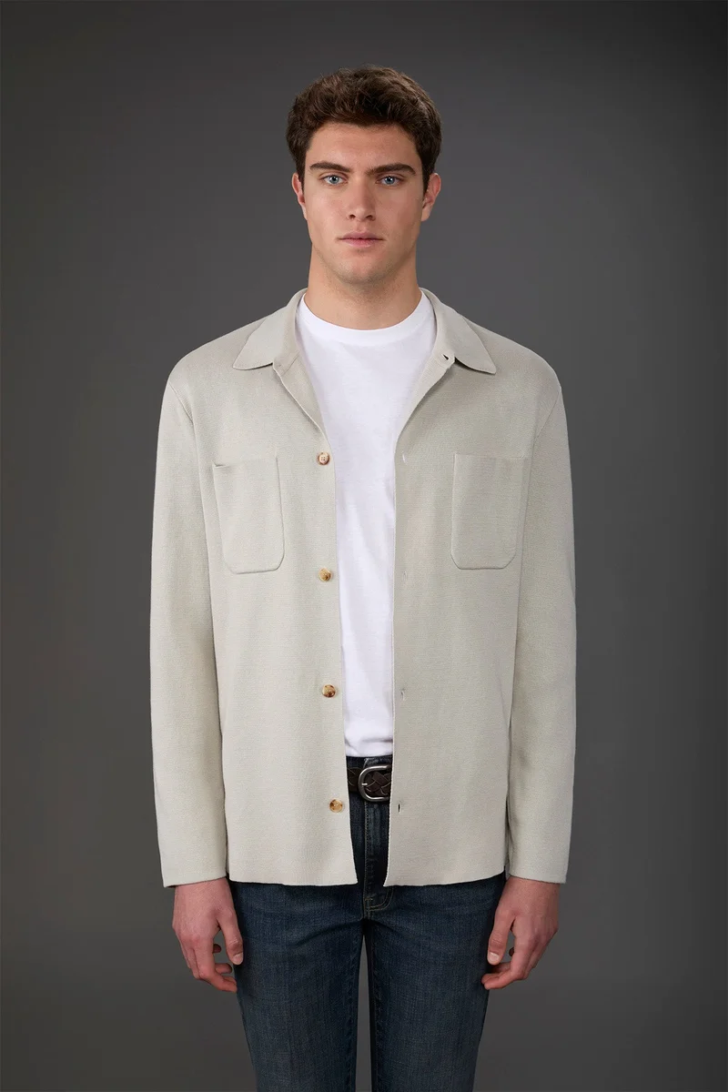 دوبل غانغر Men's shirt jacket with patch pockets, 100% cotton milano rib knit - Ice