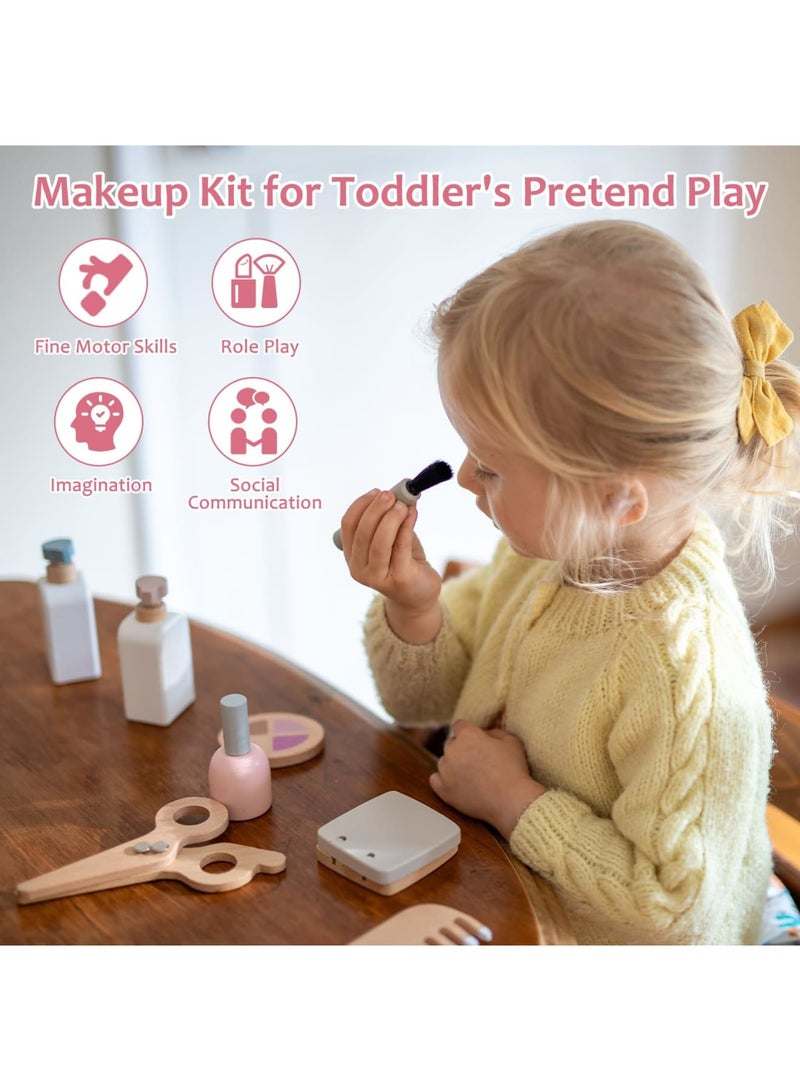 SYOSI 22PCS Pretend Role Play Toy, Wood Beauty Salon Toys Set for Girl, with Realistic Accessories, Princess Lipstick Set with Haircut, Manicure, Makeup Box, Accessories Bag Gift for Girls 3-12 - Image 4