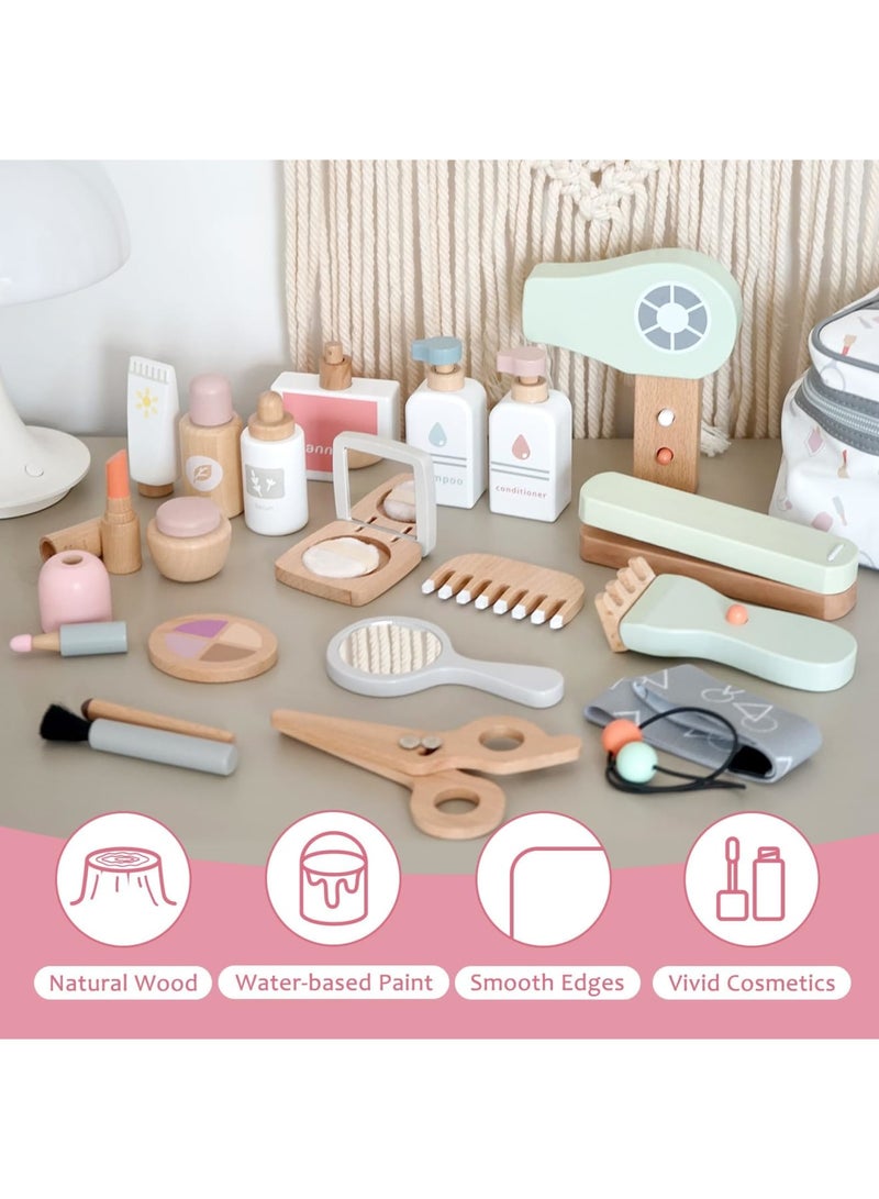 SYOSI 22PCS Pretend Role Play Toy, Wood Beauty Salon Toys Set for Girl, with Realistic Accessories, Princess Lipstick Set with Haircut, Manicure, Makeup Box, Accessories Bag Gift for Girls 3-12 - Image 3