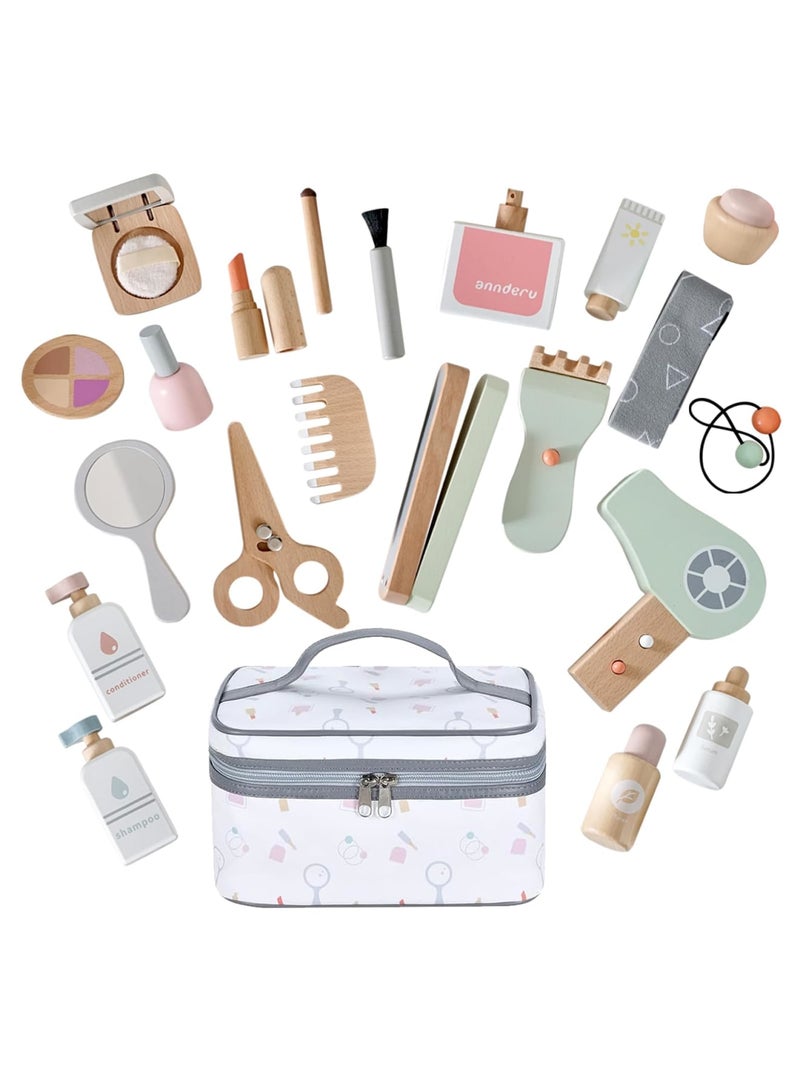 SYOSI 22PCS Pretend Role Play Toy, Wood Beauty Salon Toys Set for Girl, with Realistic Accessories, Princess Lipstick Set with Haircut, Manicure, Makeup Box, Accessories Bag Gift for Girls 3-12 - Image 1