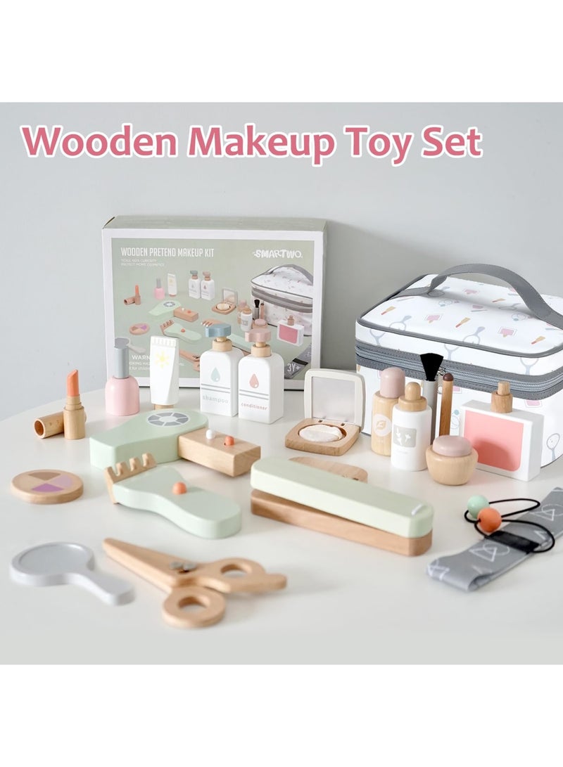 SYOSI 22PCS Pretend Role Play Toy, Wood Beauty Salon Toys Set for Girl, with Realistic Accessories, Princess Lipstick Set with Haircut, Manicure, Makeup Box, Accessories Bag Gift for Girls 3-12 - Image 2