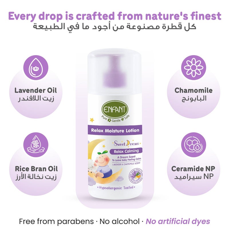 إنفانت لوشن ENFANT Sweet Dream Relax Moisture – لوشن عضوي للأطفال باللافندر والبابونج لروتين ما قبل النوم، سعة 250 مل، يهدئ ويُريح بشرة الطفل، غير دهني ويوفر ترطيباً لمدة 24 ساعة، خالٍ من البارابين، وآمن منذ الولادة. - Image 3