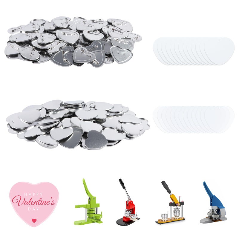 MK.Bear 100 Sets blank heart Button Partsï¼ŒPin Maker Supplies for Button Maker Machine Heartï¼ŒIncluding Heart-shaped Metal button pin back cover, Metal Covers, Clear Film&Blank Paper - Image 1