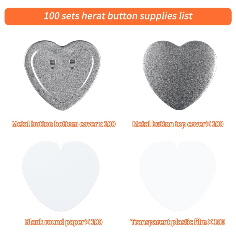 MK.Bear 100 Sets blank heart Button Partsï¼ŒPin Maker Supplies for Button Maker Machine Heartï¼ŒIncluding Heart-shaped Metal button pin back cover, Metal Covers, Clear Film&Blank Paper - Image 2