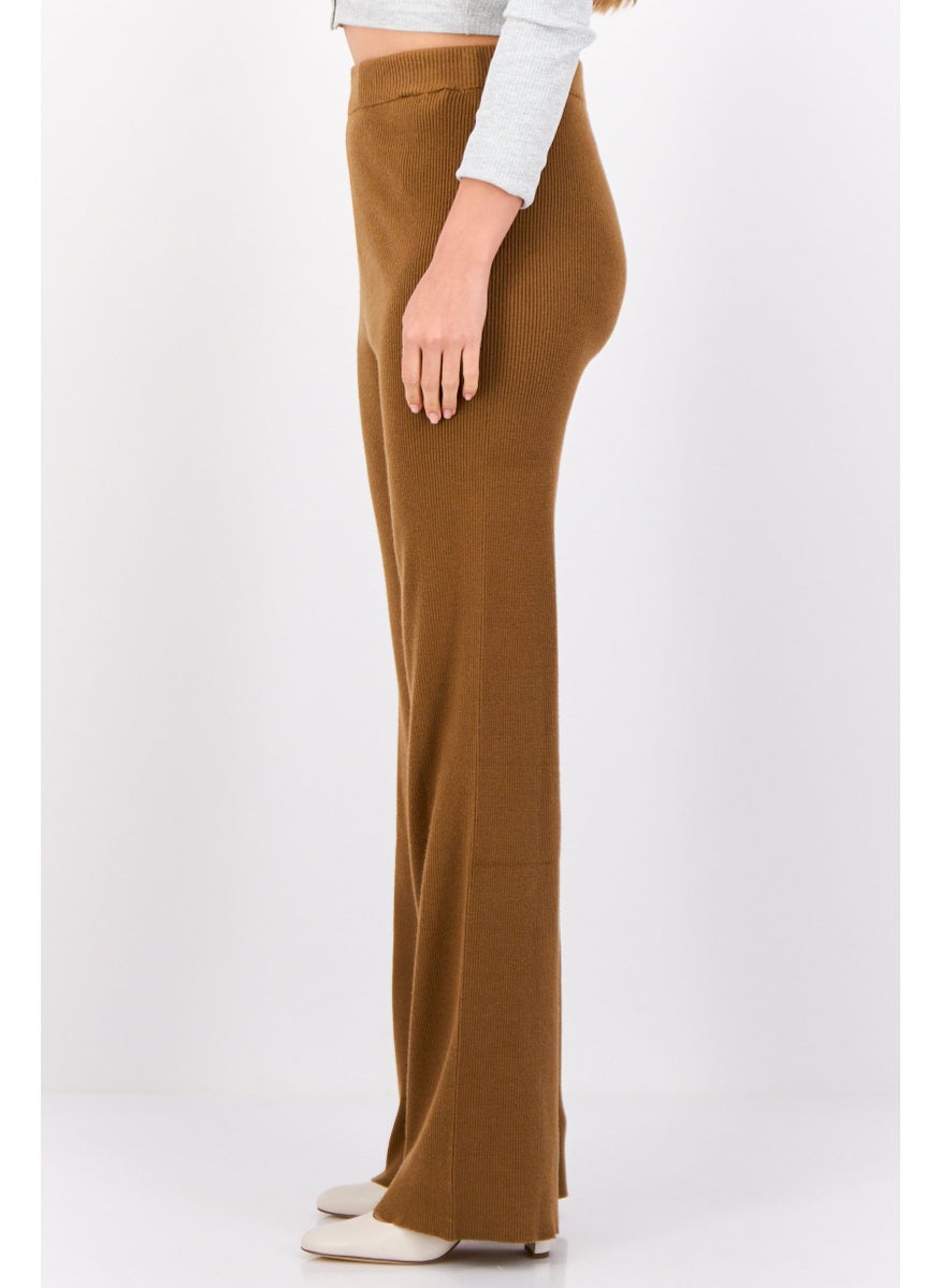 ESPRIT Women Regular Fit Ribbed Wide Leg Pants, Brown  - Image 2
