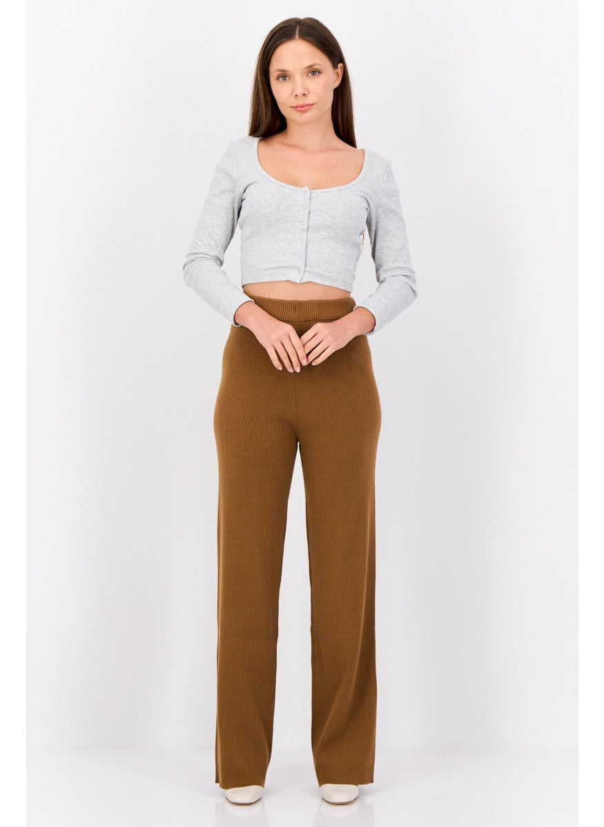 ESPRIT Women Regular Fit Ribbed Wide Leg Pants, Brown  - Image 4