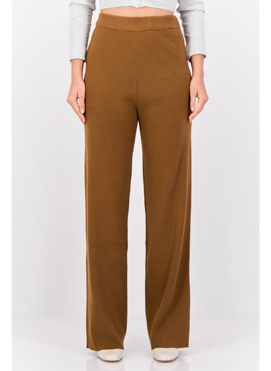 ESPRIT Women Regular Fit Ribbed Wide Leg Pants, Brown  - Image 1