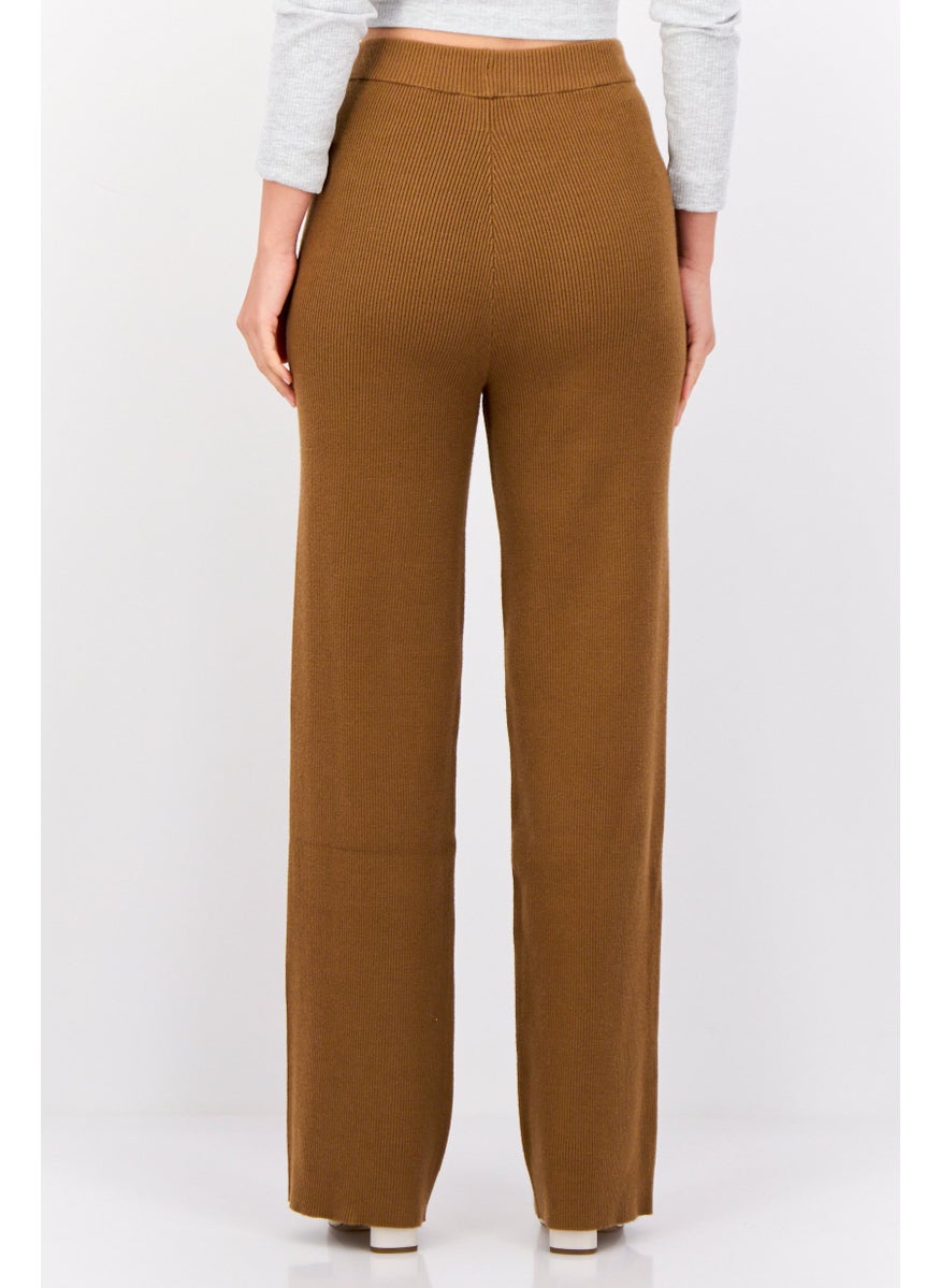 ESPRIT Women Regular Fit Ribbed Wide Leg Pants, Brown  - Image 3