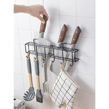 Xelyton Self Adhesive Kitchen Accessories Knife Holder|Spatula Pots Hanging 6 Hooks Towel Hanger|Cutlery Spoon Fork Holder Storage Rack|Large Capacity Organiser (Black) - Metal, Hanging Shelves - Image 2