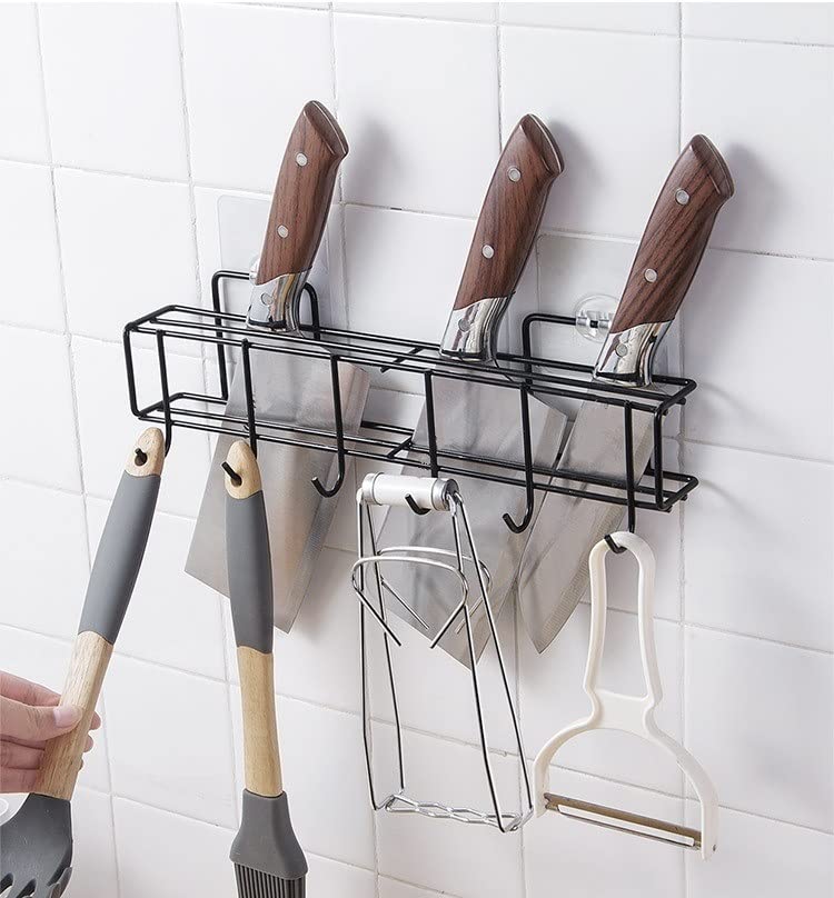 Xelyton Self Adhesive Kitchen Accessories Knife Holder|Spatula Pots Hanging 6 Hooks Towel Hanger|Cutlery Spoon Fork Holder Storage Rack|Large Capacity Organiser (Black) - Metal, Hanging Shelves - Image 1
