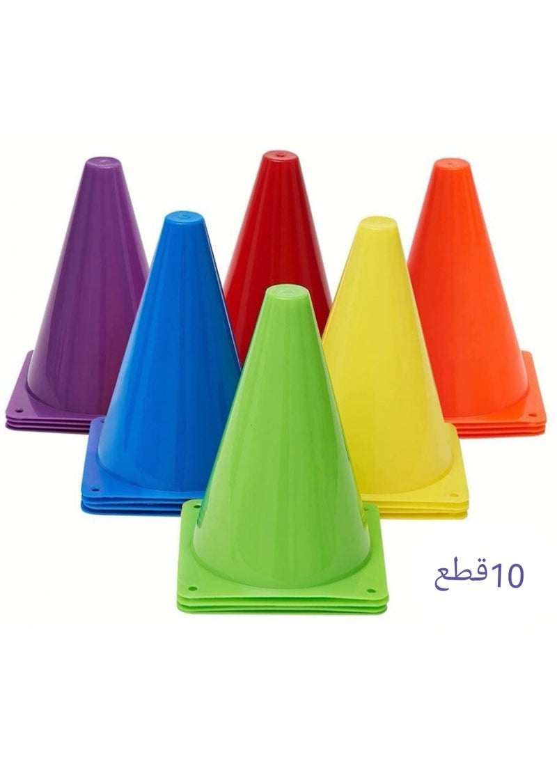 A set of 10 colorful plastic sports training cones designed for agility, speed, and trajectory training in various sports such as football, basketball, and children's training. - Image 1