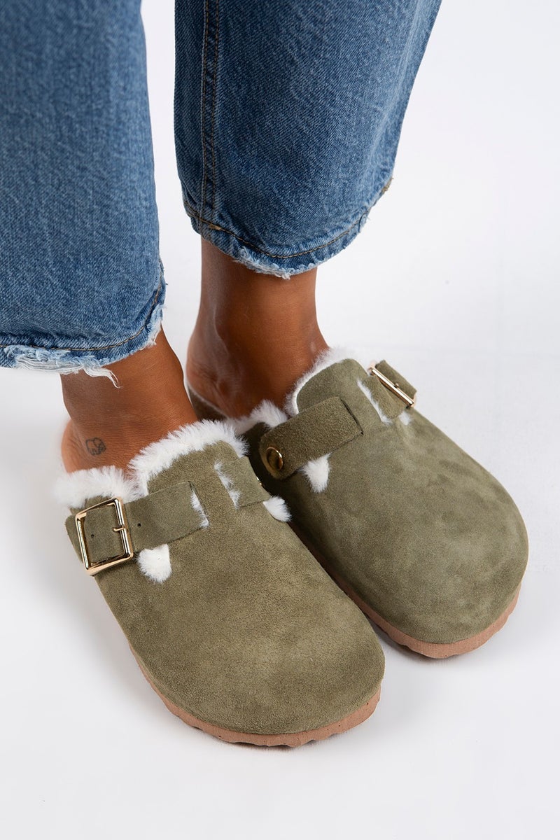Manijero Manjero Zeta Shearling Women's Genuine Leather Buckle Belted Shearling Khaki Suede Slippers  - Image 2