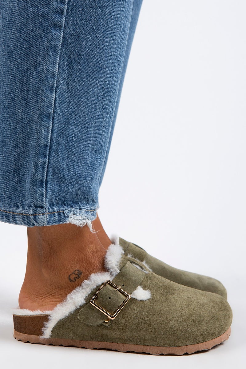 Manijero Manjero Zeta Shearling Women's Genuine Leather Buckle Belted Shearling Khaki Suede Slippers  - Image 1