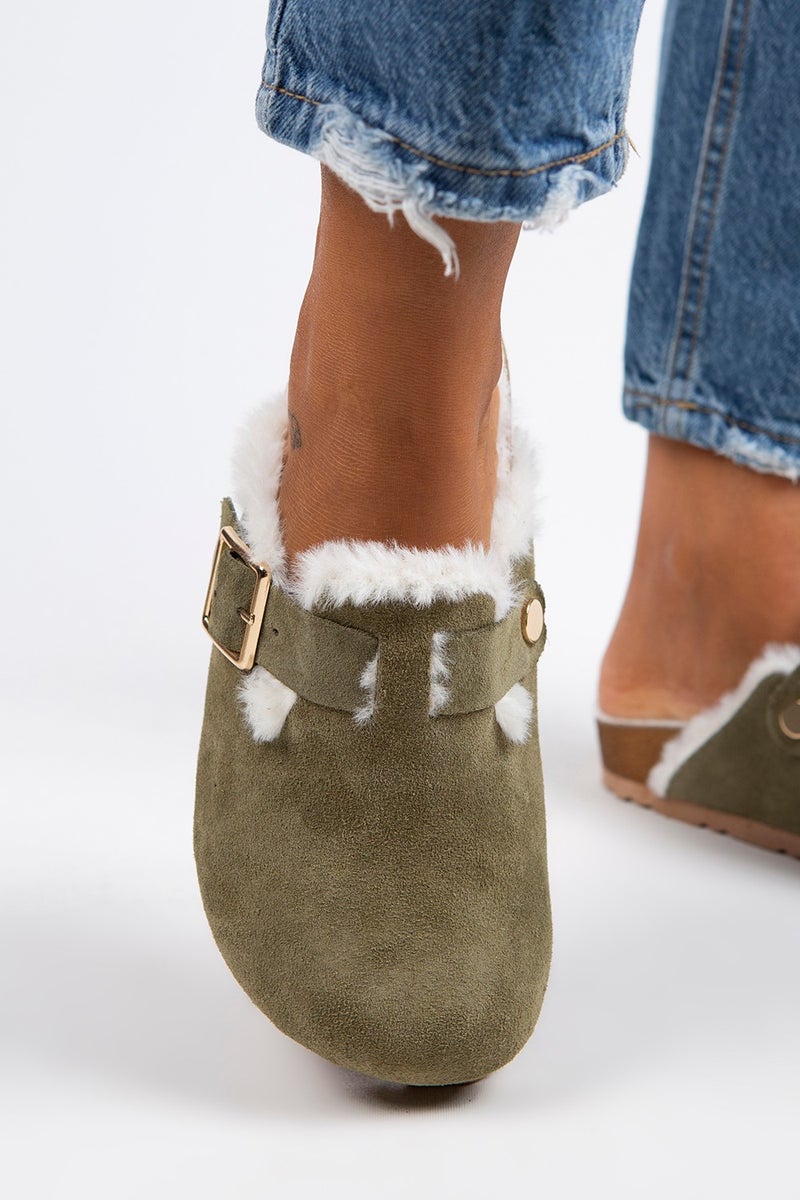 Manijero Manjero Zeta Shearling Women's Genuine Leather Buckle Belted Shearling Khaki Suede Slippers  - Image 4