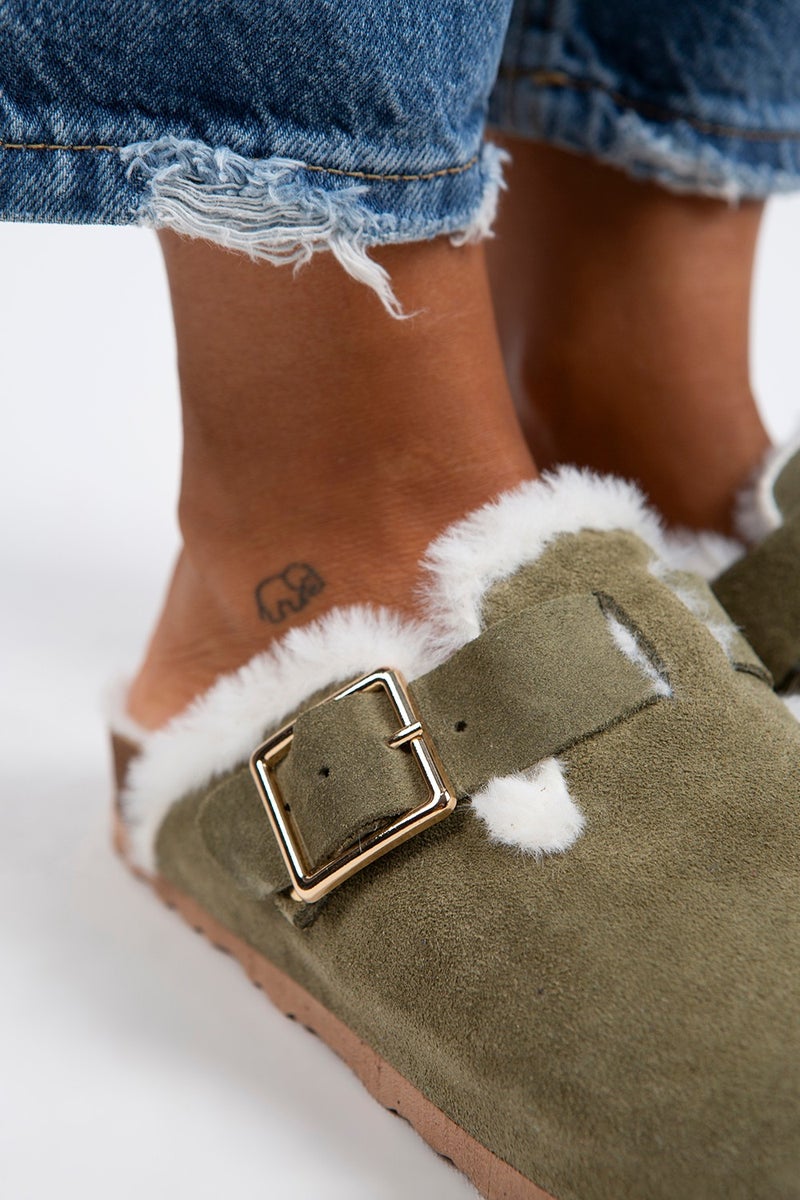 Manijero Manjero Zeta Shearling Women's Genuine Leather Buckle Belted Shearling Khaki Suede Slippers  - Image 5