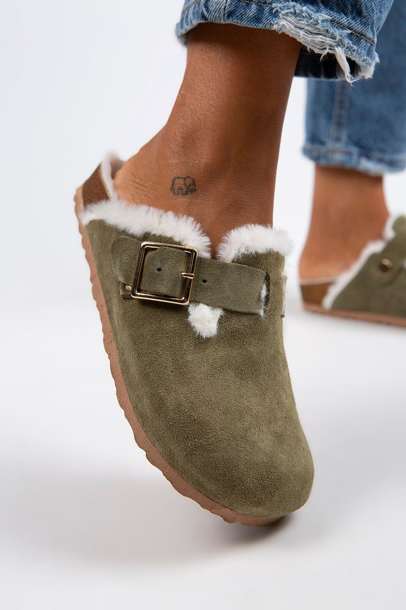 Manijero Manjero Zeta Shearling Women's Genuine Leather Buckle Belted Shearling Khaki Suede Slippers  - Image 3