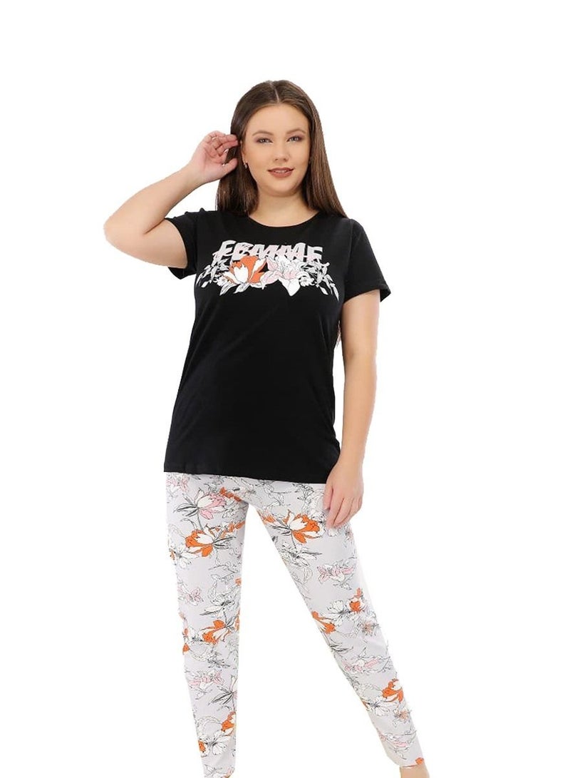 جنة بيجامة نسائية بأكمام قصيره وبنطلون طويل صيفيه مصنوعه من القطن مقاسات كبيره