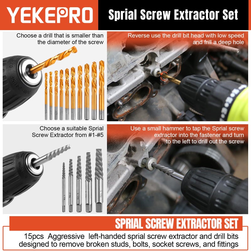 YEKEPRO 40 Pcs Bolt & Screw Extractor Set with Left Hand Cobalt Drill Bit Set, Easy Out Broken Stripped Screw Removal Tool for Damaged, Frozen, Studs, Rusted, Rounded-Off Bolts, Nuts & Screws, T15139 - Image 5