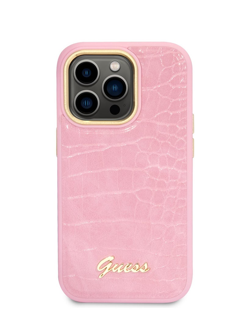 GUESS PU Croco Case With Metal Camera Outline For iPhone 14 Pro - Pink - Image 1