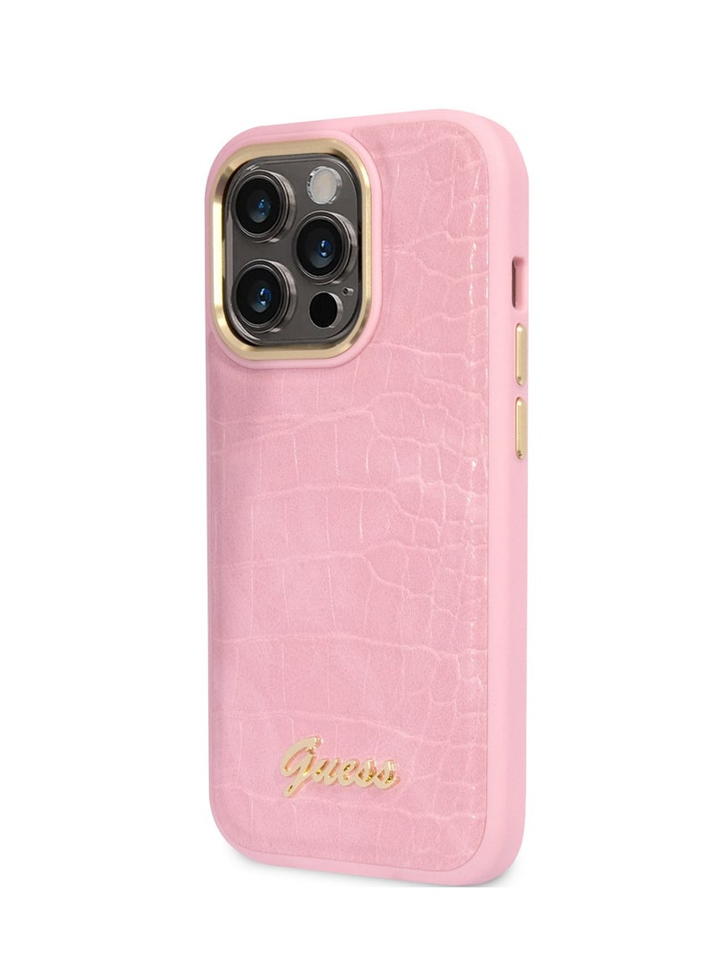 GUESS PU Croco Case With Metal Camera Outline For iPhone 14 Pro - Pink - Image 5