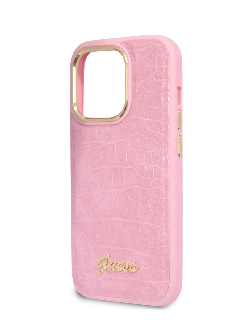GUESS PU Croco Case With Metal Camera Outline For iPhone 14 Pro - Pink - Image 2