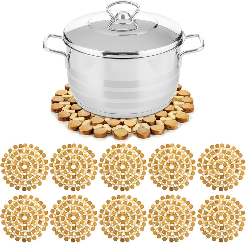 HAPYSA Natural Bamboo Flower Design Wooden Coaster Place Mat - Round Shape Hot Pot - Kitchen Wood Non-Slip Coaster for Teapot Hot Dishes Pans, Table Décor Kitchen Gifts Idea - 3 pcs, 6.2 INCH - Image 1