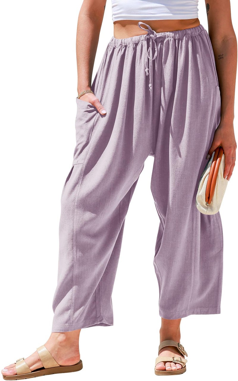TARSE Womens Linen Wide Leg Pants Casual Loose Drawstring Low Waist Beach Palazzo Harem Pants with Pockets(Purple,XL) - Image 1