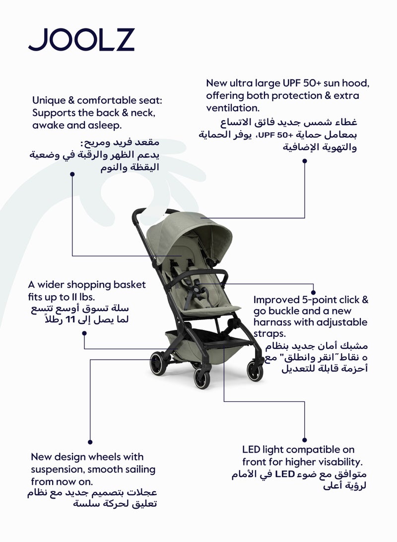 JOOLZ AER+ Lightweight Compact Travel Stroller – One-Hand Quick Fold, XXL Sun Hood, Adjustable Recline, Ultra Durable, Comfortable & Travel-Friendly – Supports Up to 50 lbs – Sage Green - Image 2