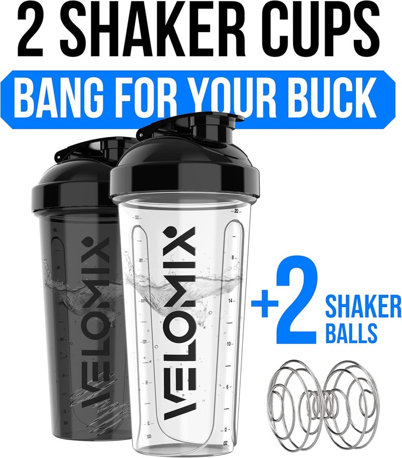 VELOMIX -2 Pack- 28 oz Protein Shaker Bottles for Protein Mixes - 2x Wire Whisk | Leak Proof Shaker Cups for Protein Shakes | Protein Shaker Bottle Pack | Shakers for Protein Shakes-Black&Transparent - Image 2