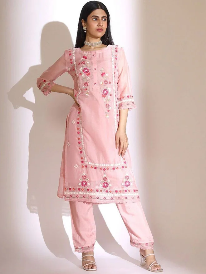 ISHIN ISHIN Pink Organza Kurta with Pants and Dupatta Set