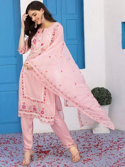 ISHIN ISHIN Pink Organza Kurta with Pants and Dupatta Set