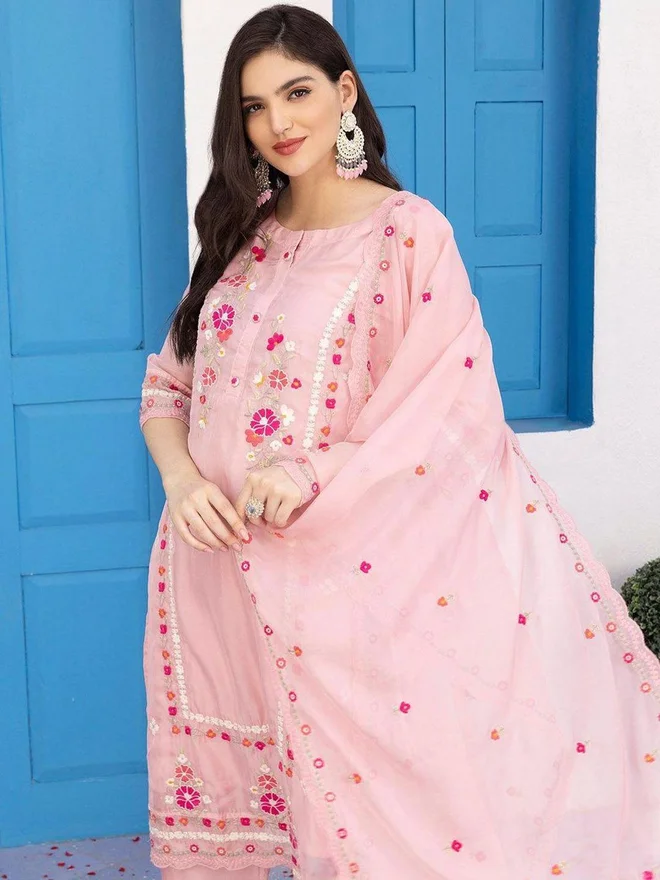 ISHIN ISHIN Pink Organza Kurta with Pants and Dupatta Set