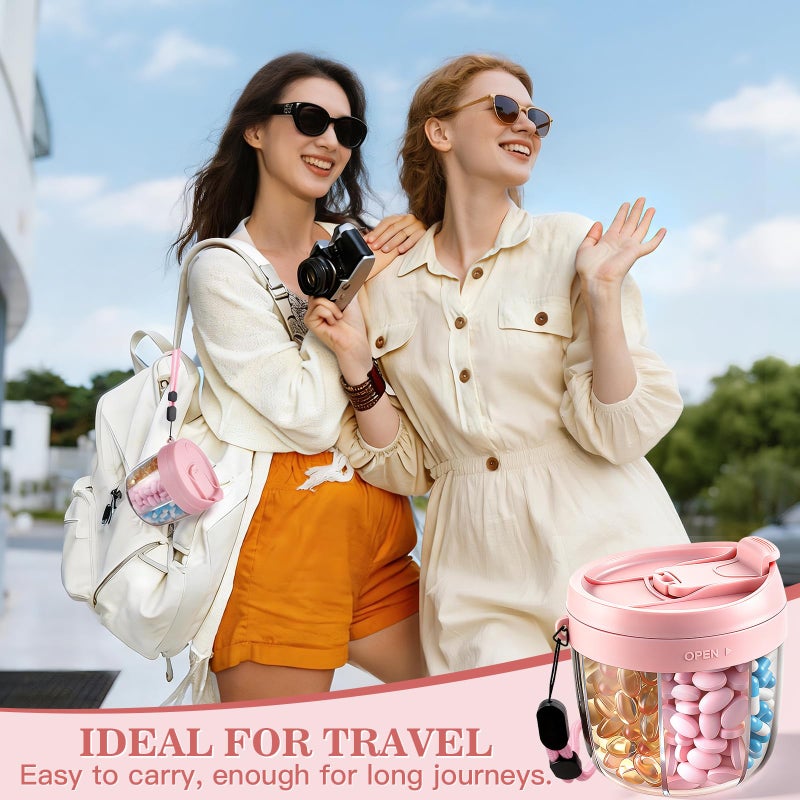 DIMBRAH Pill Organizer,Travel Essentials Pill Container, Travel Pill Dispenser with Pink Lidï¼ŒPill Case Having 7 Large Compartments,Vitamin Organizer for Home Organization,Travel Containers - Image 2