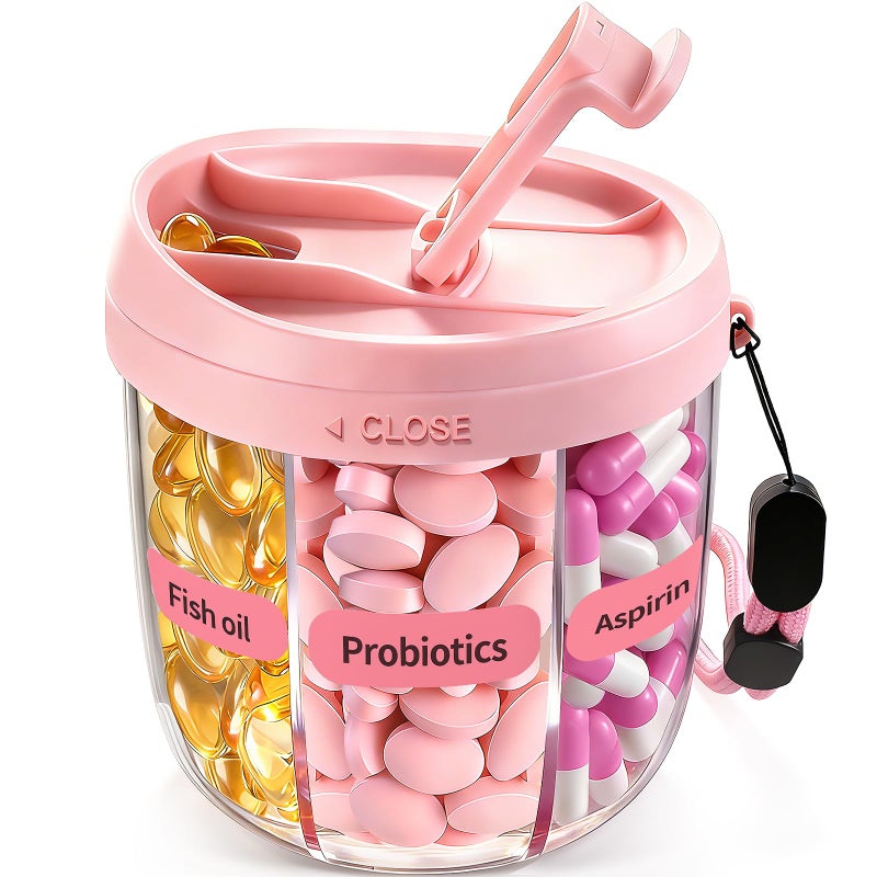 DIMBRAH Pill Organizer,Travel Essentials Pill Container, Travel Pill Dispenser with Pink Lidï¼ŒPill Case Having 7 Large Compartments,Vitamin Organizer for Home Organization,Travel Containers - Image 1