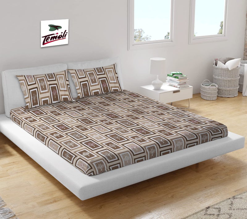 Temoli® Premium Cotton Elastic Fitted Bedsheet King Size 72X78X8 Inch with 2 King Size Pillow Covers 18x28 Inch (Box-Beige) - Image 1
