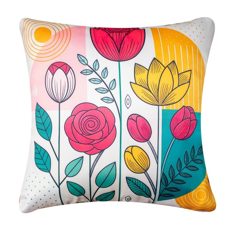 Vendola Decorative Satin Sofa Cushion Covers Set of 5, 24 Inch x 24 Inch, Sofa Pillow Cover, Red and Yellow, Floral Design, Zipper Closure (Colour Craze, 24X24 Inches) - Image 4