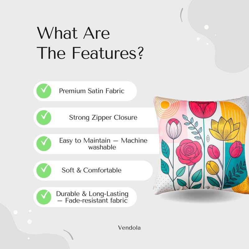 Vendola Decorative Satin Sofa Cushion Covers Set of 5, 24 Inch x 24 Inch, Sofa Pillow Cover, Red and Yellow, Floral Design, Zipper Closure (Colour Craze, 24X24 Inches) - Image 2